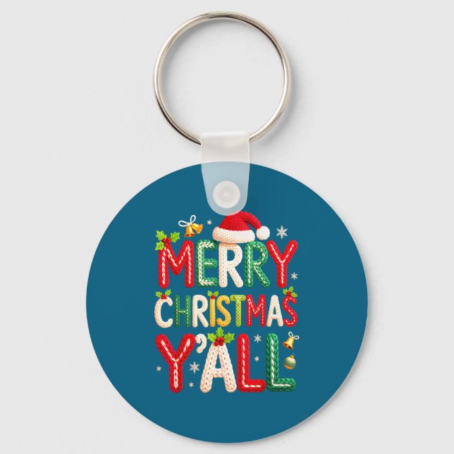 Merry Christmas Y'all Santa Crochet Knitting Quilt Key Ring (Front)