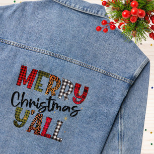Merry Christmas Y'all Tartan Leopard Print Modern Denim Jacket