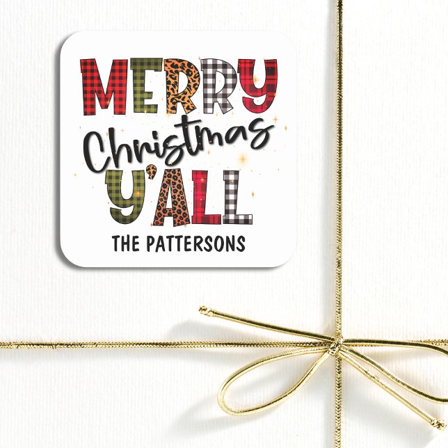 Merry Christmas Y'all Tartan Leopard Print Name Square Sticker (Creator Uploaded)