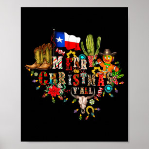 Merry Christmas Y'all Texas Map Santa Hat Mens Wom Poster