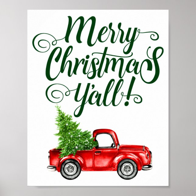 Merry Christmas Yall Vintage Truck White Green  Poster (Front)