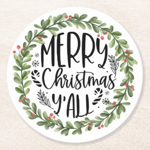 Merry Christmas Y'all Watercolor Wreath Round Paper Coaster