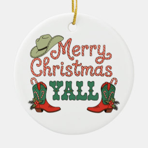 Merry Christmas Yall Western Country Cowboy Xmas Ceramic Tree Decoration