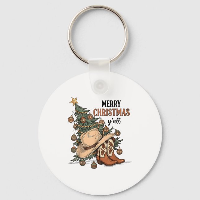 Merry Christmas Y'all Western Cowboy Boots Hat Xma Key Ring (Front)