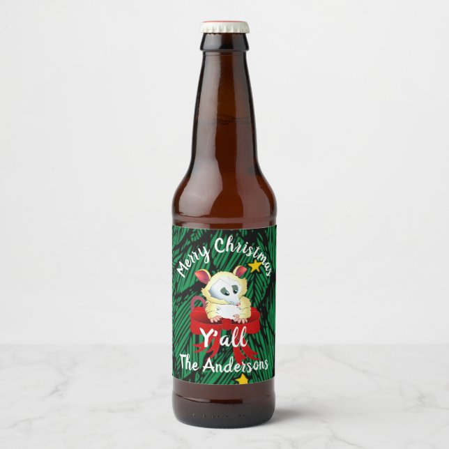 Merry Christmas Ya'll with Possum  Beer Bottle Label (Front)