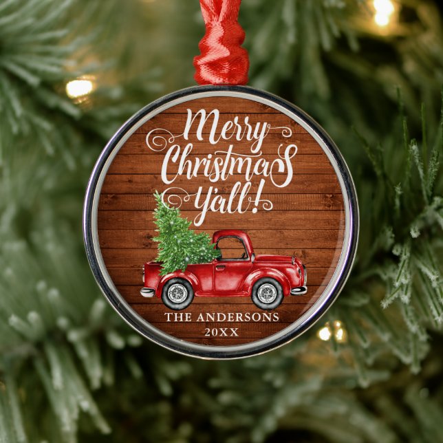 Merry Christmas Y'all Wood Red Truck Round Metal Tree Decoration (Tree)