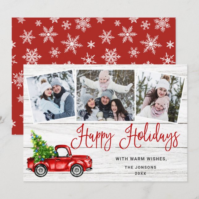 Merry Christmas Year Red Farm Truck 3 Photo Holiday Card (Front/Back)