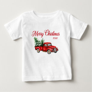 Merry Christmas Year Watercolor Vintage Red Truck Baby T-Shirt