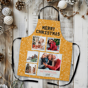 Merry Christmas Yellow Doodles 5 Photo Family Gift Apron