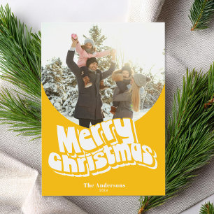 Merry Christmas Yellow Fun Retro Photo Holiday Card