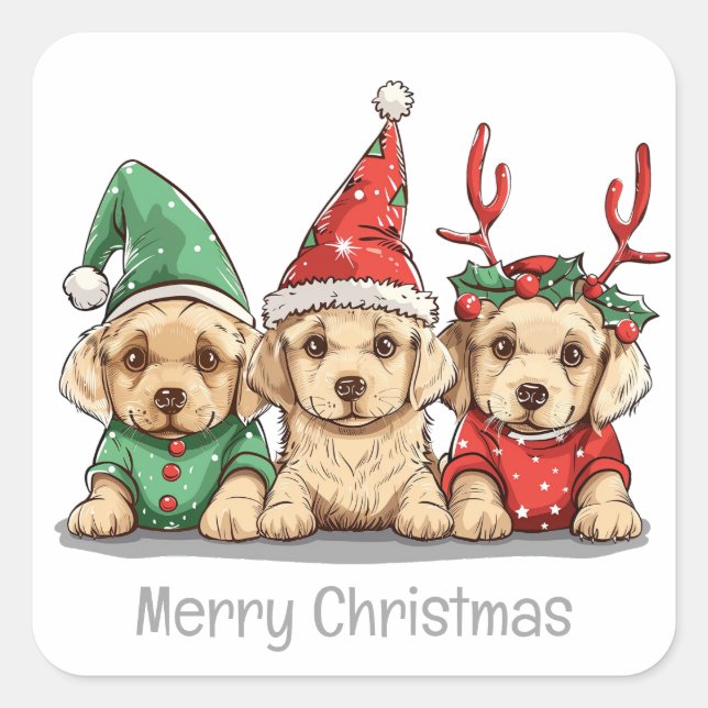 Merry Christmas Yellow Labrador Retriever Dogs Square Sticker (Front)