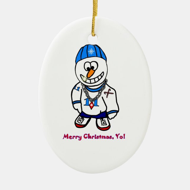 Merry Christmas Yo, Rapper Snowman Ceramic Tree Decoration (Front)