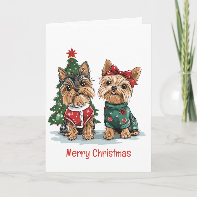 Merry Christmas Yorkie Dogs Holiday Card (Front)