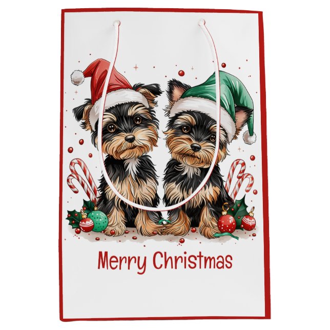 Merry Christmas Yorkshire Terrier Dogs Medium Gift Bag (Front)