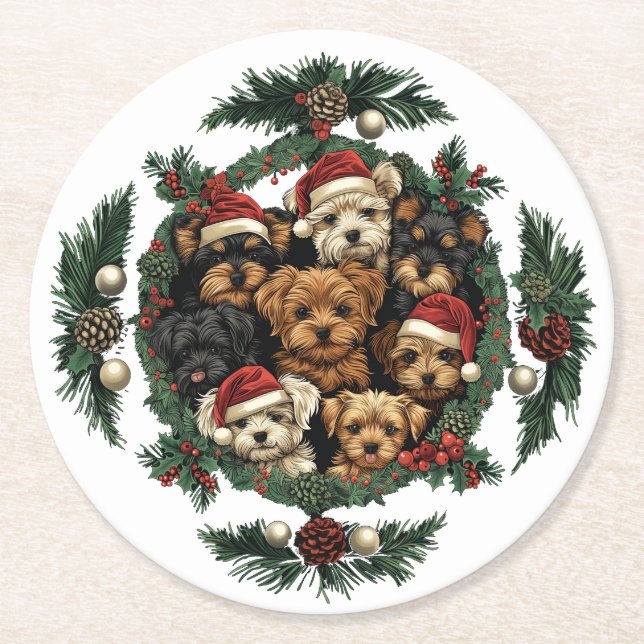 Merry Christmas Yorkshire Terrier Dogs Round Paper Coaster (Front)