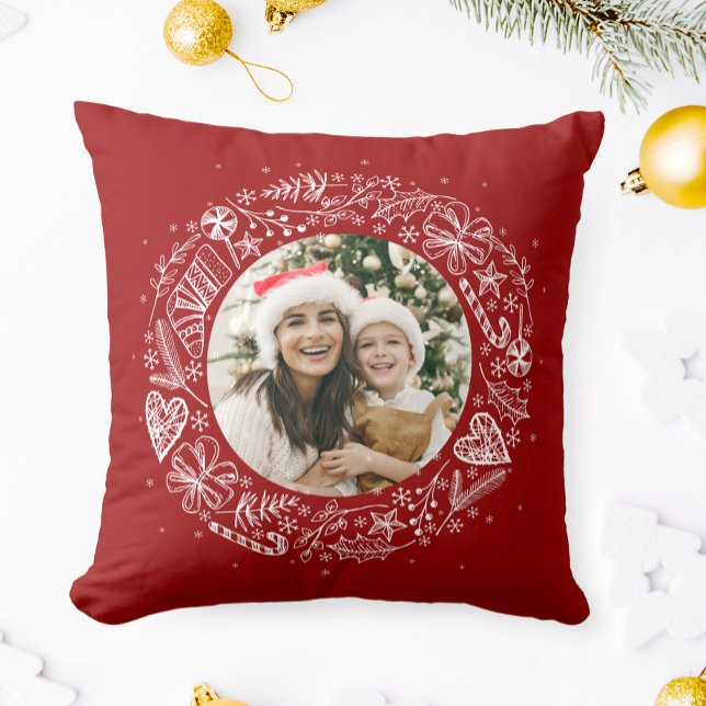Merry Christmas Your Photo Gold wreath Red Cushion (Creator Uploaded)