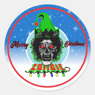 Merry Christmas Zombie Blue Circle Classic Round Sticker