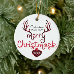 Merry Christmask Fun Red Plaid Reindeer Mask Covid Ceramic Tree Decoration