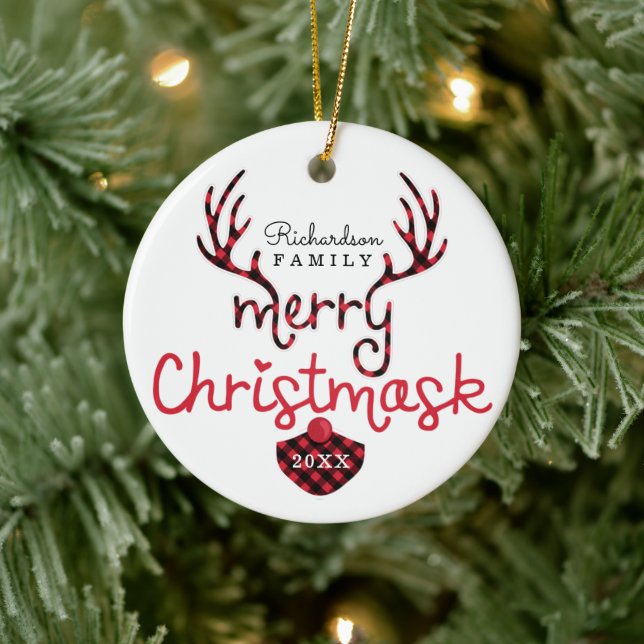 Merry Christmask Fun Red Plaid Reindeer Mask Covid Ceramic Tree Decoration (Tree)