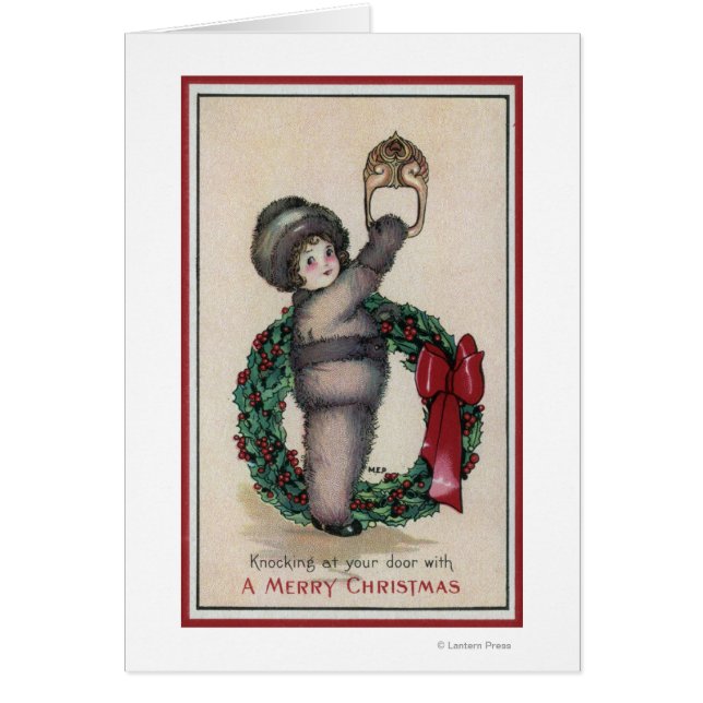 Merry ChristmasKid Knocking with a Wreath (Front)