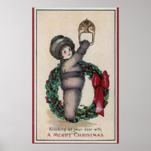 Merry ChristmasKid Knocking with a Wreath Poster
