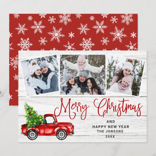 Merry ChristmasRed Farm Truck 3 Photo Holiday Card (Front/Back)