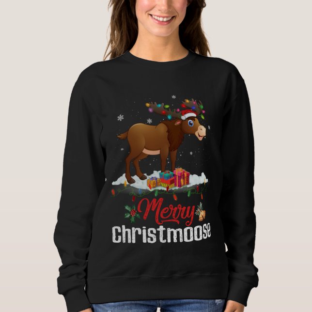 Merry Christmoose Christmas Light Moose Funny Xmas Sweatshirt (Front)