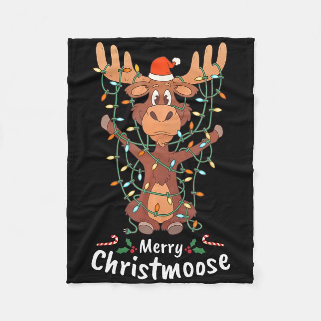 Merry Christmoose Christmas Moose Xmas Tree Lights Fleece Blanket (Front)