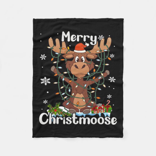 Merry Christmoose Christmas Moose Xmas Tree Lights Fleece Blanket (Front)
