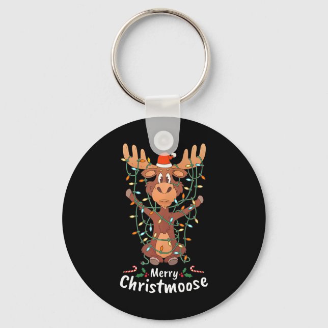 Merry Christmoose Christmas Moose Xmas Tree Lights Key Ring (Front)