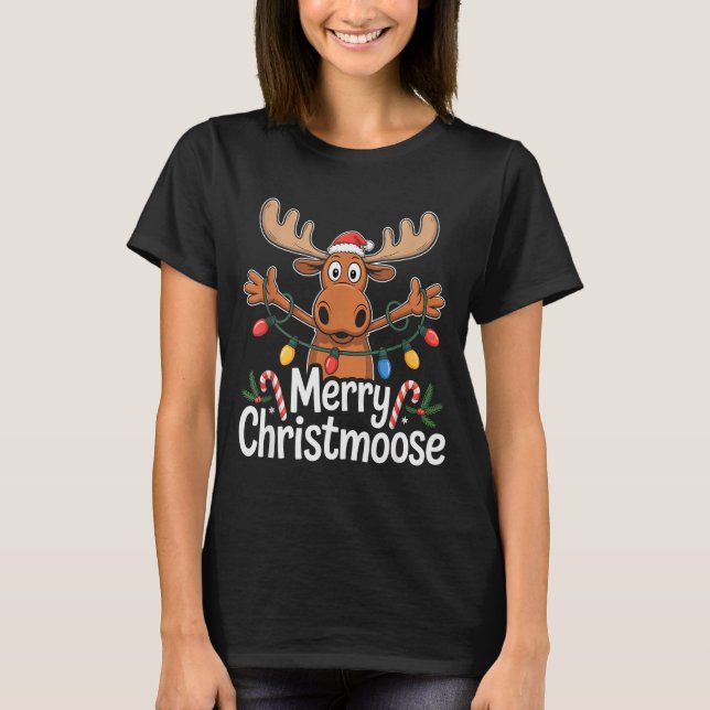 Merry Christmoose Christmas Tree Lights Santa Hat  T-Shirt (Front)