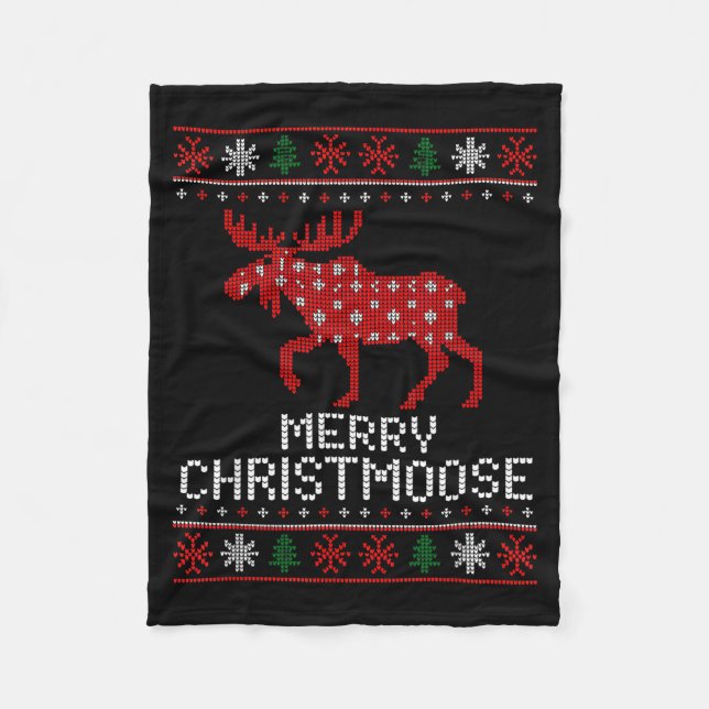 Merry Christmoose Funny Christmas Moose Sweater An Fleece Blanket (Front)