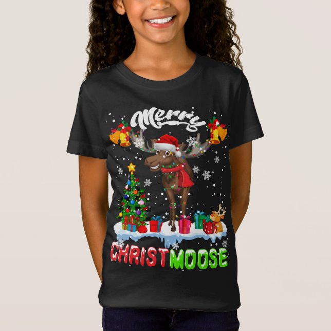 Merry Christmoose Merry Christmas Xmas Lights Sant T-Shirt (Front)