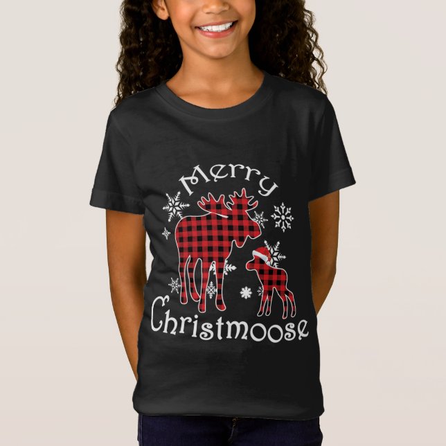 Merry Christmoose Moose Buffalo Red Plaid Christma T-Shirt (Front)