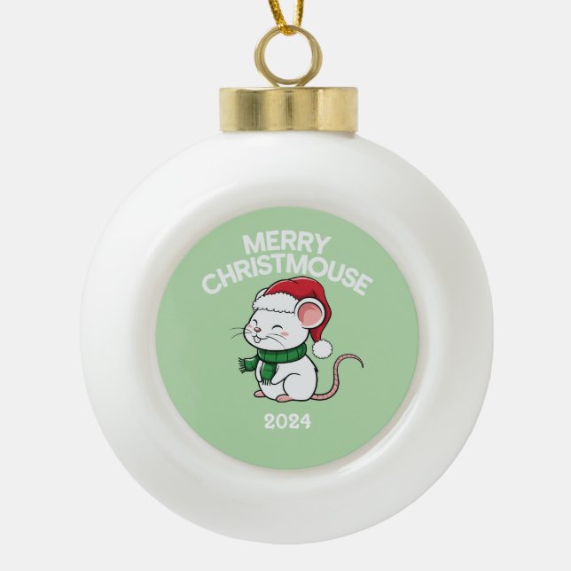 Merry Christmouse Ceramic Ball Christmas Ornament (Front)