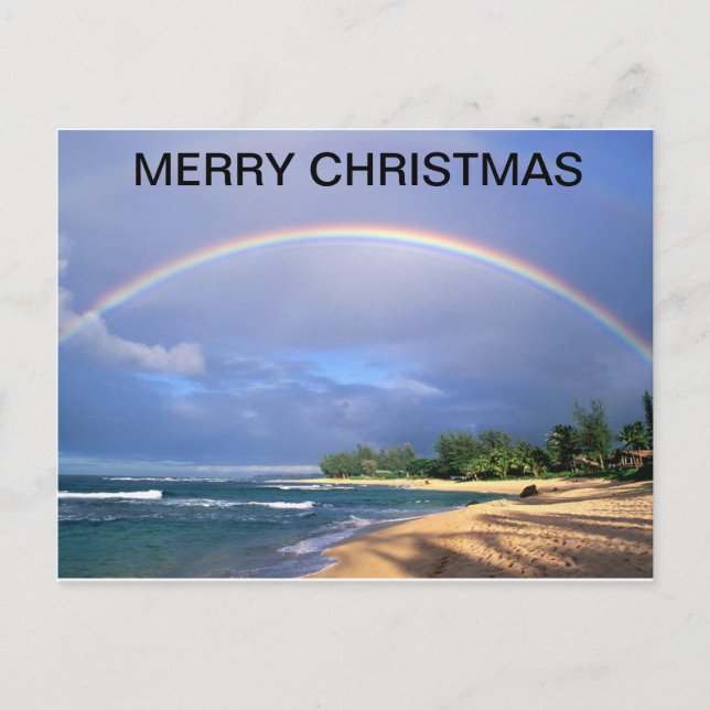 Merry Chritmas post card/rainbow over a beach Holiday Postcard (Front)