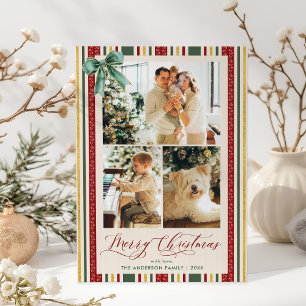 Merry Chritsmas Vintage Stripes Bow 3 Photo Holiday Card