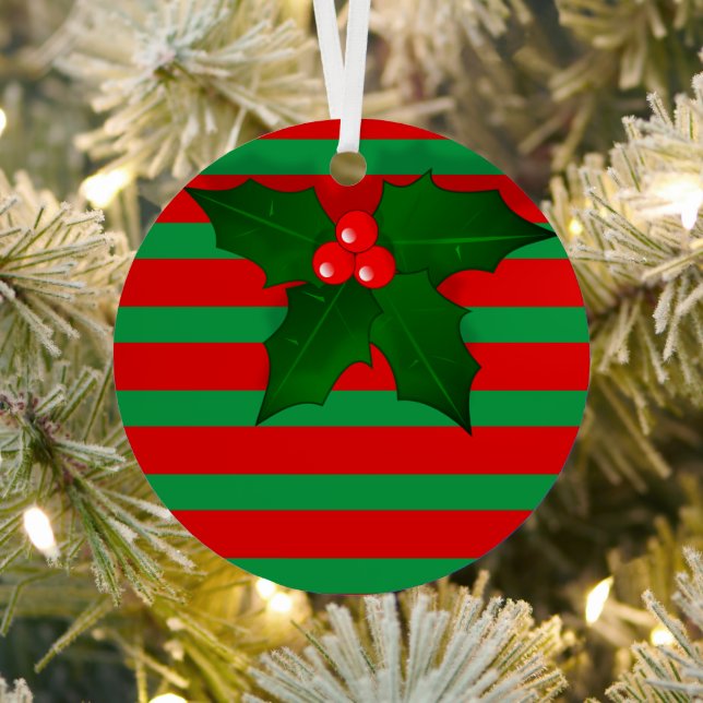 Merry Chrtistmas Red and Green with Holly Leaves  Metal Tree Decoration (Insitu)