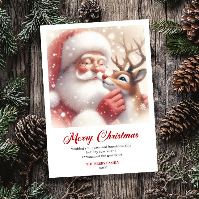 Merry Classic Santa With Rudolph Christmas Greetin Holiday Card (Merry Classic Santa With Rudolph Christmas Greeting Card)