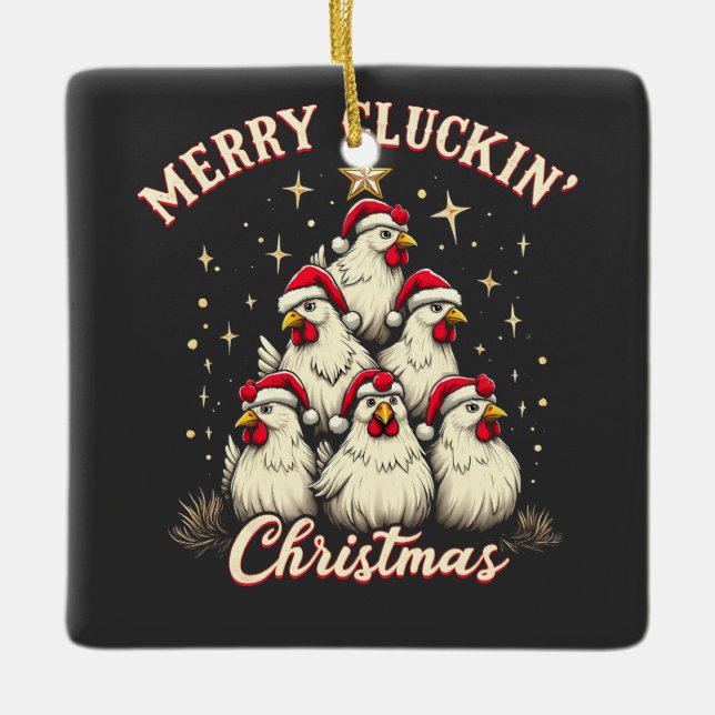Merry Clucking Christmas Funny Chicken Roosters  Ceramic Ornament (Front)