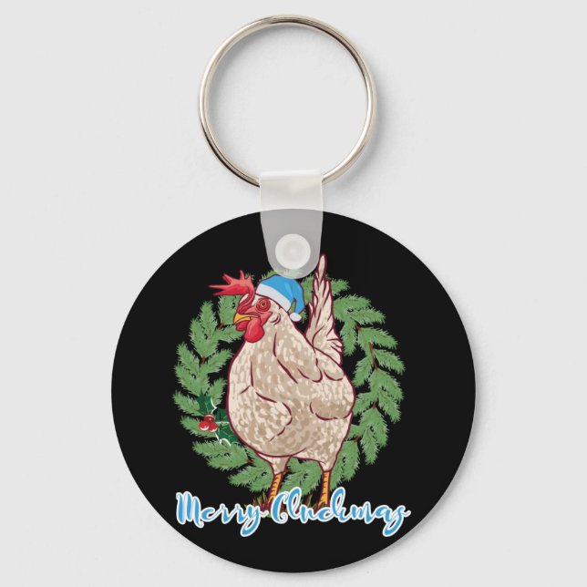 Merry Cluckmas Funny Christmas Hen Key Ring (Front)