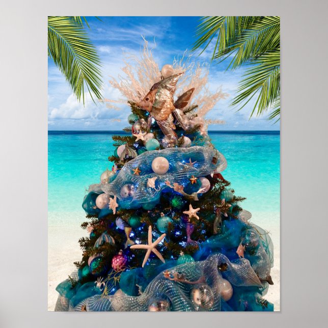 Merry Coastal Christmas Tropical Beach HolidayTree Poster (Front)