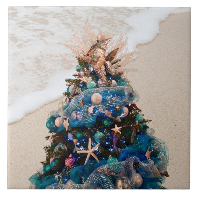 Merry Coastal Christmas Tropical Beach HolidayTree Tile (Front)