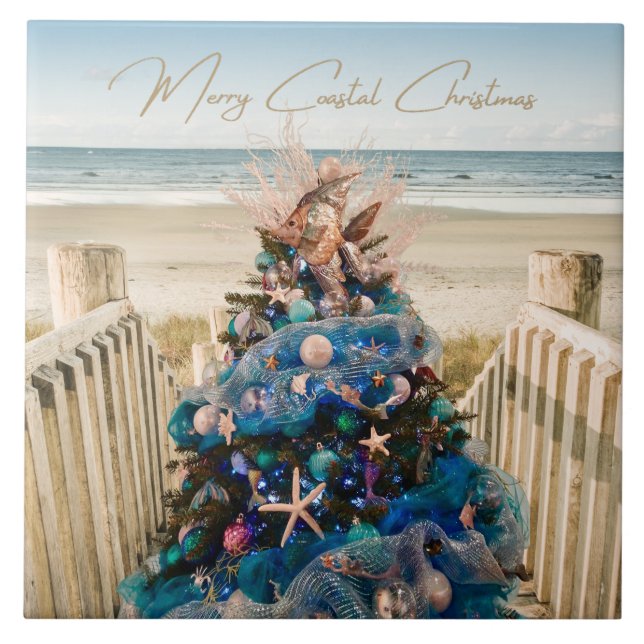 Merry Coastal Christmas Tropical Beach HolidayTree Tile (Front)