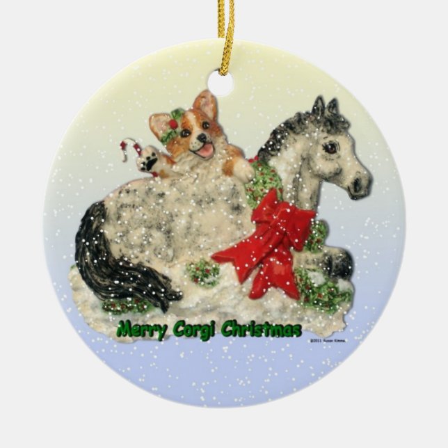 "Merry Corgi Christmas"  Corgi & Pony ornament (Front)