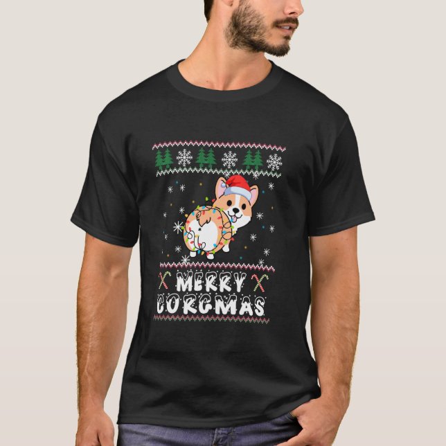 Merry Corgmas Corgi Ugly Christmas Tree Light Sant T-Shirt (Front)