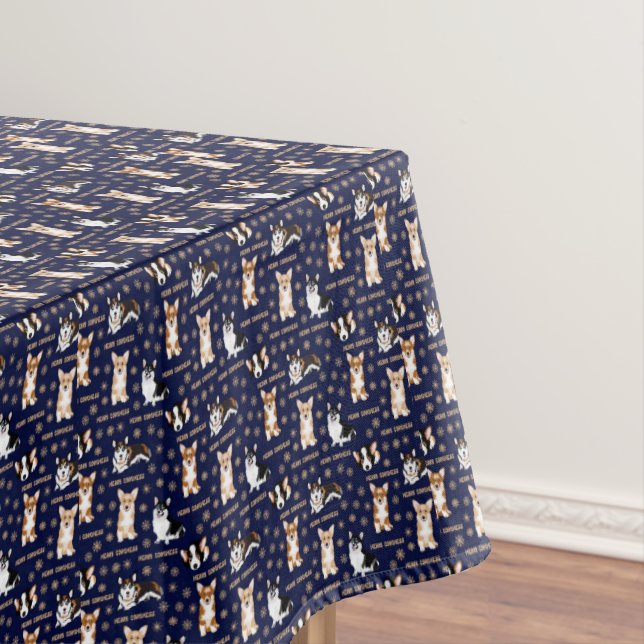 Merry Corgmess Text - Christmas Corgi blue pattern Tablecloth (In Situ)