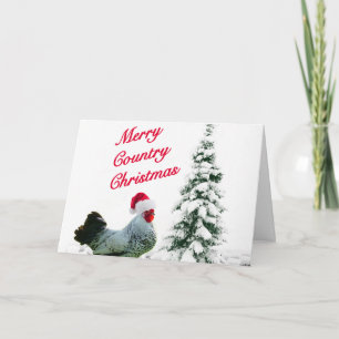 Merry Country Christmas Chicken With Santa Hat Holiday Card