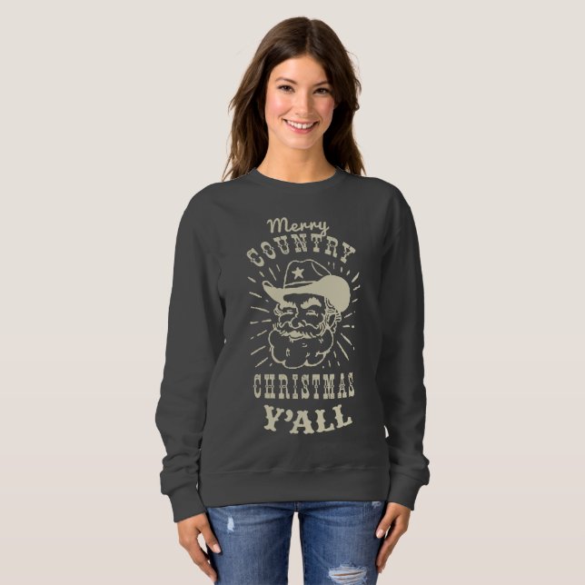 Merry Country Christmas Y'all | Wood Tree Cowboy Sweatshirt (Front Full)