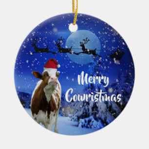 Merry Cowristmas Santa Cow Holiday Ceramic Tree Decoration